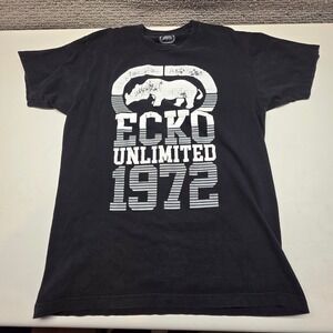 Ecko Unltd Mens Black Graphic T-Shirt Rhino Logo 1972 Streetwear Size Large